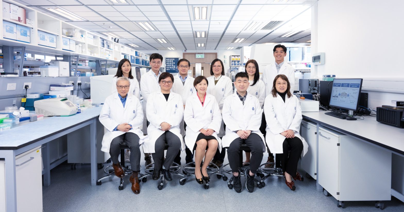 Photo of the research team, including HKUST President Prof. Nancy IP (center, front row), HKUST Division of Life Science Research Professor Prof. Amy FU (second left, front row), HKCeND Chief Scientific Officer Dr. Fanny IP (first right, front row), HKCeND Chief Medical Officer Prof. MOK Kin-Ying (first left, front row), and the co-first author of this research paper Dr. CAO Han (second right, front row) with other research team members
